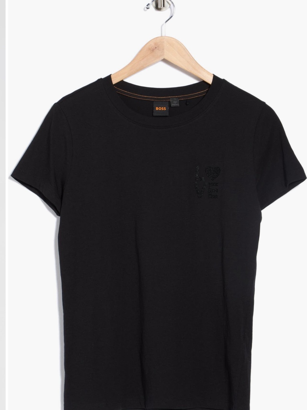 BOSS Women’s Black Crewneck T‑Shirt with Subtle Embellished Logo